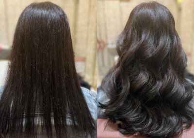 Vorher-Nachher-Vergleich einer Haarverdichtung mit braunen langen Haaren.