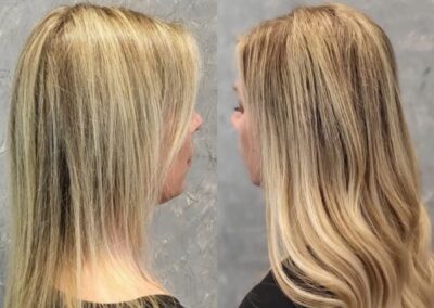 Vorher-Nachher-Vergleich einer Haarverdichtung mit blonden langen Haaren.