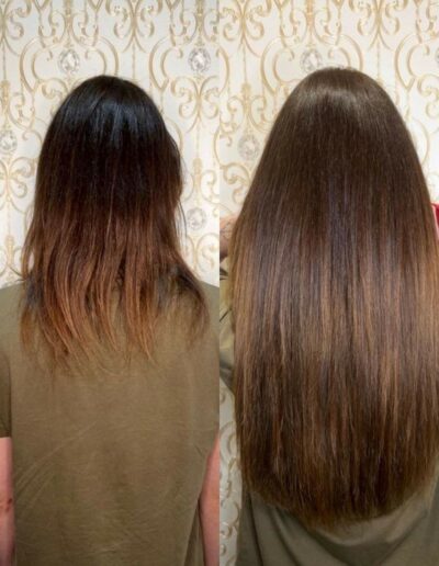 Vorher-Nachher-Vergleich einer Haarverlängerung mit braunen langen Haaren.