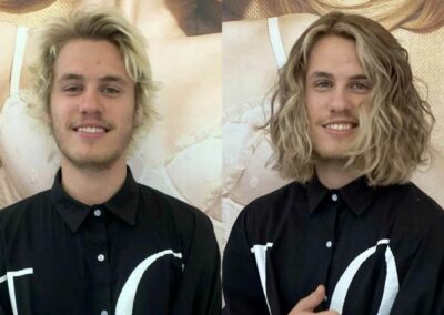 Vorher-Nachher Vergleich von einem Mann mit blonden Haaren, der sich eine Haarverlängerung machen hat lassen.