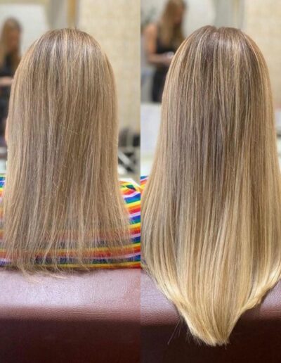 Vorher-Nachher-Vergleich einer Haarverlängerung mit blonden Haaren.