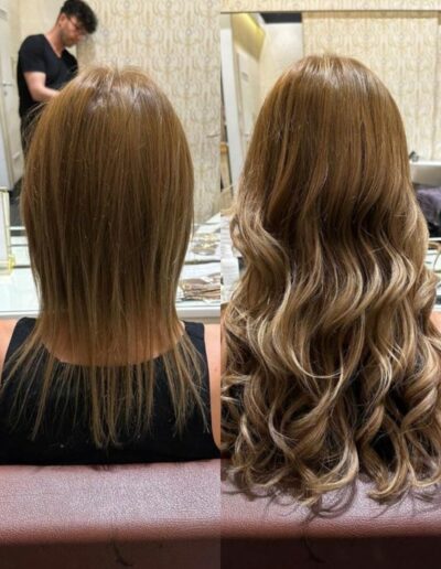 Vorher-Nachher-Vergleich einer Haarverlängerung mit hellbraunen Haaren.