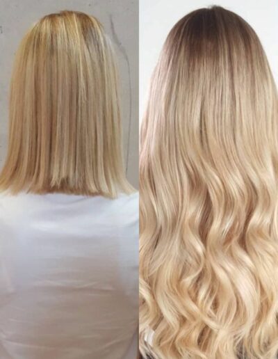 Vorher-Nachher-Vergleich einer Haarverlängerung mit blonden, extra langen Haaren.